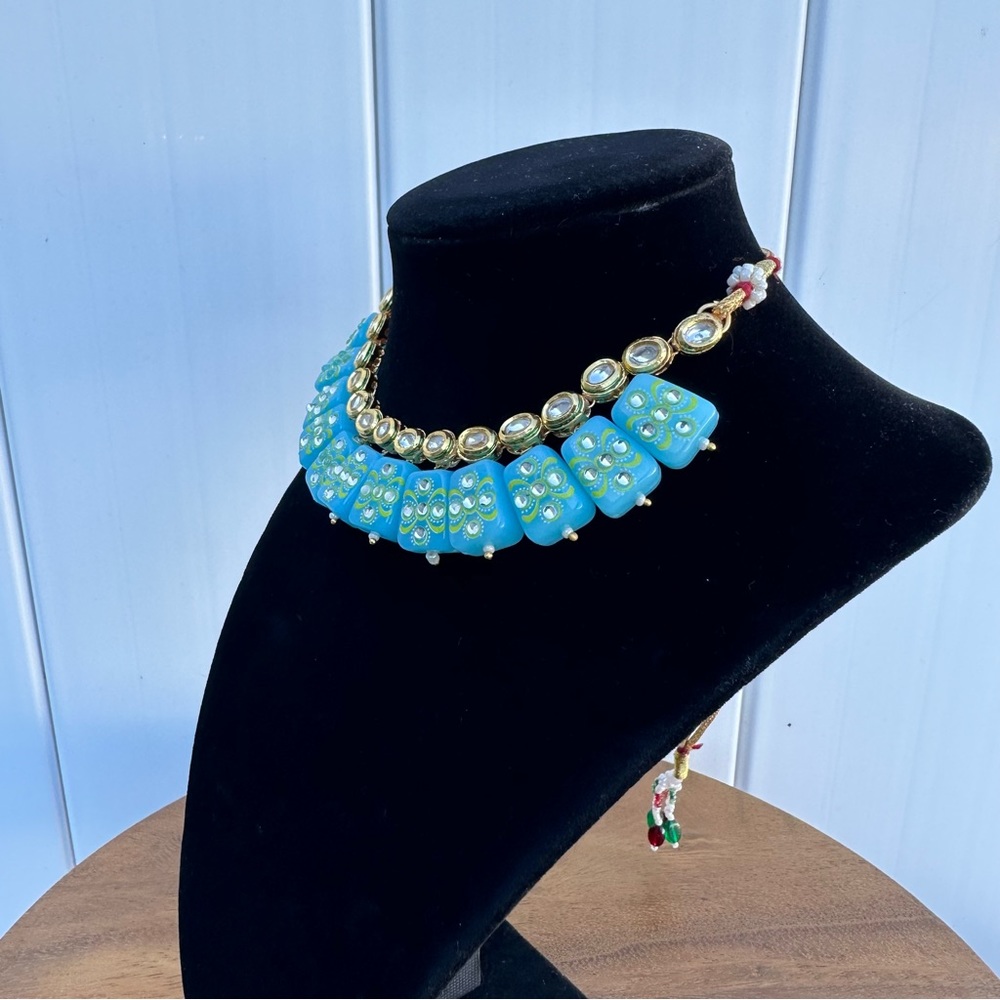Kundan Blue Beaded Choker Necklace Set | Indian Floral Statement Jewelry - Picture 7 of 11
